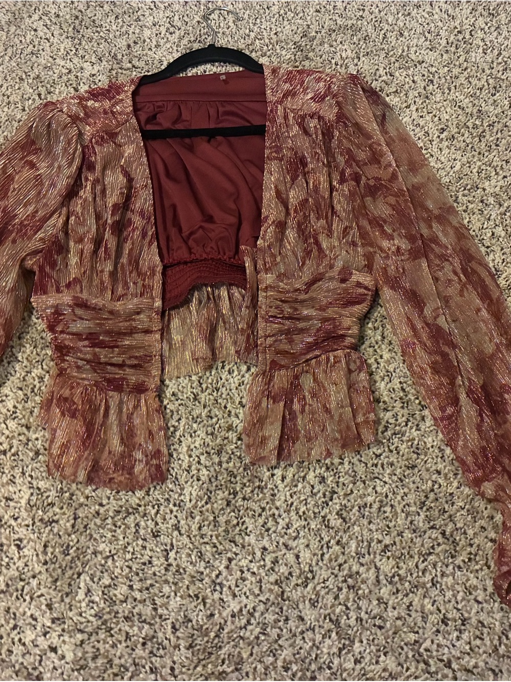 Women's Metallic Burgundy Ruffle Crop Top